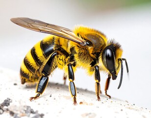 Close-up of a honeybee with yellow & black stripes, detailed wings, and a focused gaze