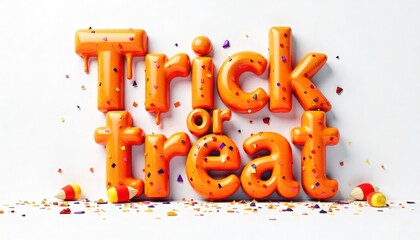 Playful 3D typography rendering of the phrase Trick or Treat, designed to look like orange candy with colorful sprinkles for a festive Halloween greeting