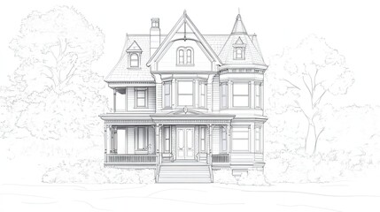 Fototapeta premium Victorian house line drawing architectural illustration