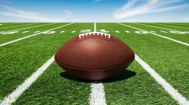 An official size American football with its laces and panels visible, resting on a vibrant lush green stadium turf that stretches out to the horizon. - Powered by Adobe