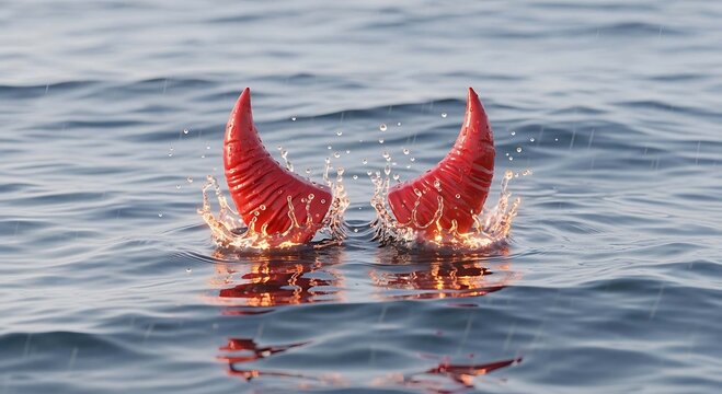 Halloween a pair of red devil horns emerging from the water, creating a splash, symbolizing mischief and halloween a bright, sunny day at the beach
