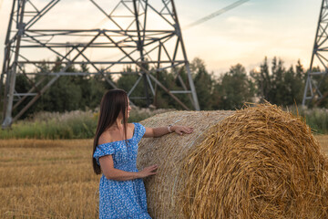 Portrait of a young beautiful dark-haired girl in a summer dress in a village field among bales of...