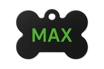 Black dog tag with the name Max showing on a transparent background