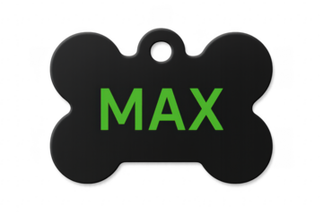 Black dog tag with the name Max showing on a transparent background