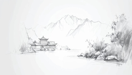 Foggy landscape with traditional pagoda. Chinese pagoda by misty water. Misty mountains with tranquil pagoda. Oriental architecture amidst serene fog. Peaceful ink sketch of Chinese landscape