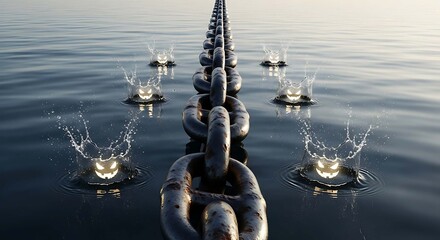 Halloween a long metal chain stretches across a calm body of water, with water splashes creating unique patterns and reflections in the serene environment