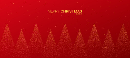 Golden dot pattern christmas trees on red background with merry Christmas 2026 text. Festive greeting card design. New year and holiday celebration concept.
