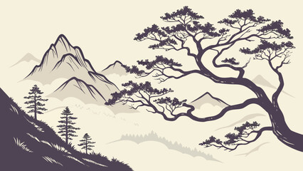 Illustration of a large tree with mountains in the background in a vintage japanese style landscape art