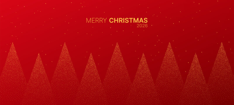Golden dot pattern christmas trees on red background with merry Christmas 2026 text. Festive greeting card design. New year and holiday celebration concept.