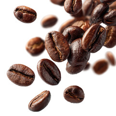 Fototapeta premium Falling coffee beans isolated [Transparent Background PNG].