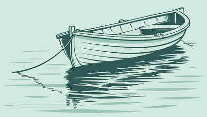 A serene illustration of a small rowboat gently floating on calm water with subtle reflections shown