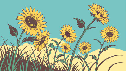 Illustration of sunflowers in a field with a blue sky and light yellow hills in the background scene