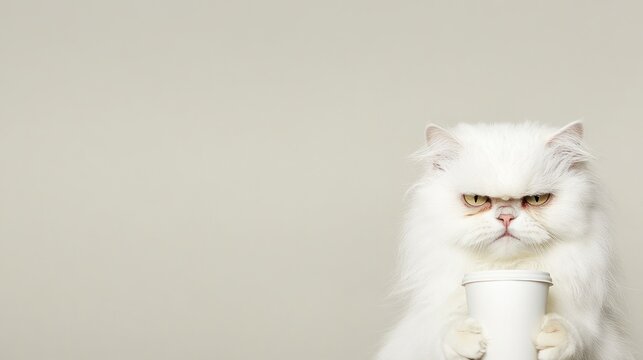 White cat holding coffee cup on grey background