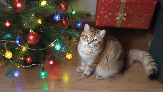 Domestic Feline Relaxes Beside Festive Evergreen Tree Gazing Serenely at the Illuminating Glow of Holiday Decorations