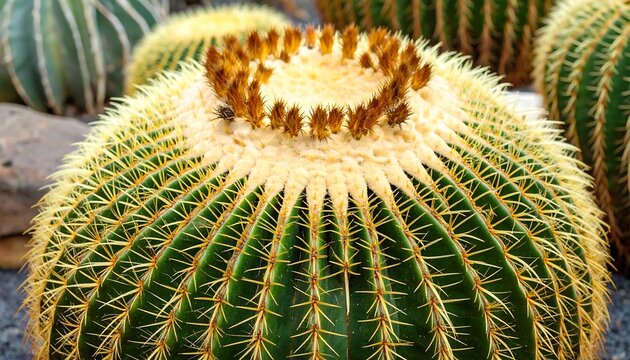 Close-up of a spiky, round cactus with a central crown of yellow-tan spines