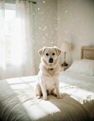 Golden Retriever Sitting on a Bed in Sunny Indoor Ambience