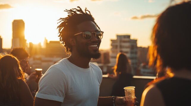 Rooftop party sunset city skyline