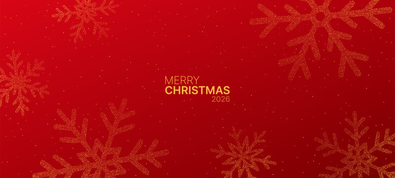 Merry Christmas 2026 message on red background with golden glitter snowflakes and sparkling dots. Holiday greeting card design.