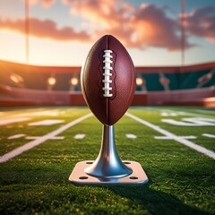 Photo of a brown American football with white laces placed upright on a metallic kicking tee at the exact center of a lush green stadium field with visible yard lines.