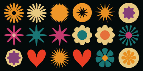 Collection of retro inspired graphic shapes and symbols in vibrant colors on black background