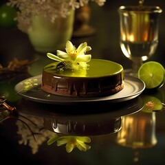 Elegant chocolate matcha dessert with a flower garnish served on a reflective surface perfect for food blogs and culinary presentations