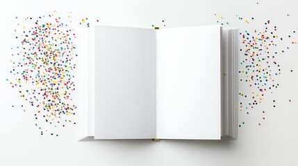 Open notebook with colorful confetti on white background