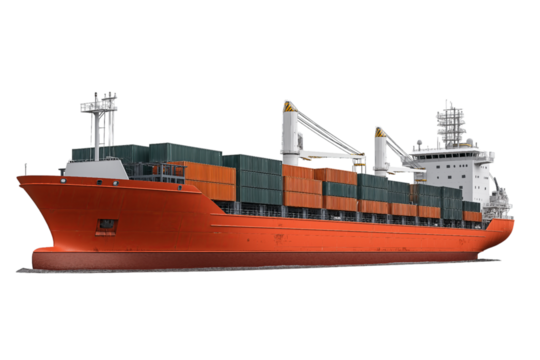 Orange Container Ship Loaded with Cargo isolated on a transparent background