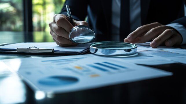 Businessman reviewing documents with magnifying glass
