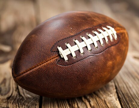Close-up of a vintage American football on weathered wood