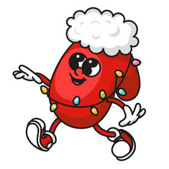 Festive red mitten mascot with white fur and colorful garland. Cozy Xmas and New Year design for winter branding and holiday decorations