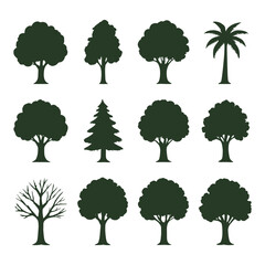 Set of 12 different tree silhouettes on white background. Vector illustration.