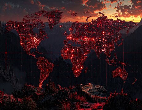 World map at sunset, glowing red cities, mountain backdrop - Powered by Adobe
