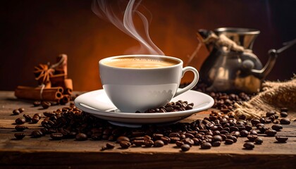 Aromatic coffee cup steaming