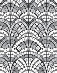 Repeating pattern of stylized arches, gray and white, mosaic effect