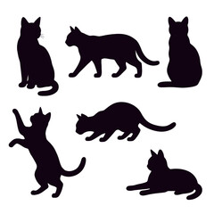 Set of silhouette of cat in different poses on white background. Vector illustration.