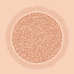 Round maze labyrinth pattern on pink background. Vector illustration of turing reaction diffusion organic lines in circle shape.