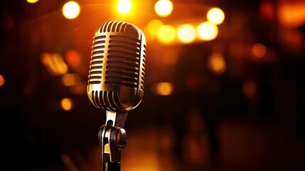Vintage microphone on stage under warm lights