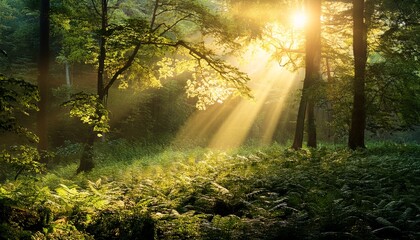 Obraz premium Enchanting Golden Sunlight Filtering Through Lush Greenery Creating A Dreamy Ethereal Atmosphere
