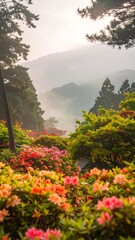 Misty mountain view through vibrant blossoms