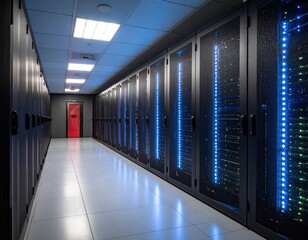 Dark server room, rows of black server racks illuminated with blue LED lights