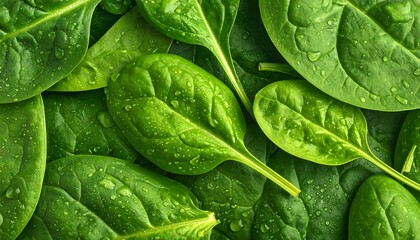Vibrant, dewy green spinach leaves close-up, showcasing their fresh texture and natural healthy appeal, perfect for nutritious meals and vibrant culinary creations