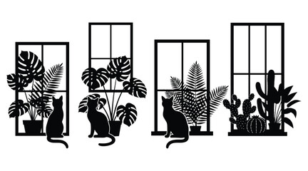 Black silhouette cats and potted plants in windows vector