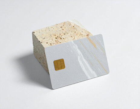 Marble Credit Card Leaning on Concrete Block on White Background