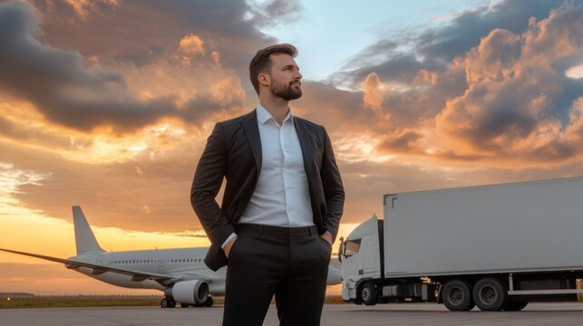 Businessman at airport with airplane and cargo truck at sunset