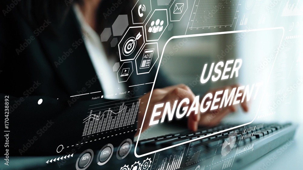 Poster business professional interacting with user engagement metrics on a modern digital dashboard interfa