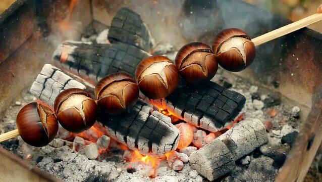 cooked nut from the chestnut tree prepared by exposure to direct heat