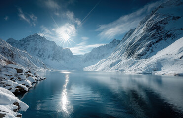 Brilliant sun casting rays over frozen mountain lake creating stunning winter reflection.