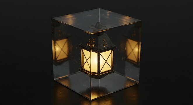 A glowing lantern floating inside a glass cube, symbol of preservation.