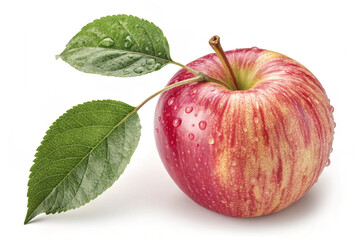 A professional studio shot of two glossy red apples with leaves against a white backdrop
