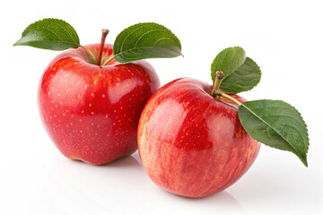 A pair of beautiful red apples, one solid and one striped, with green leaves attached